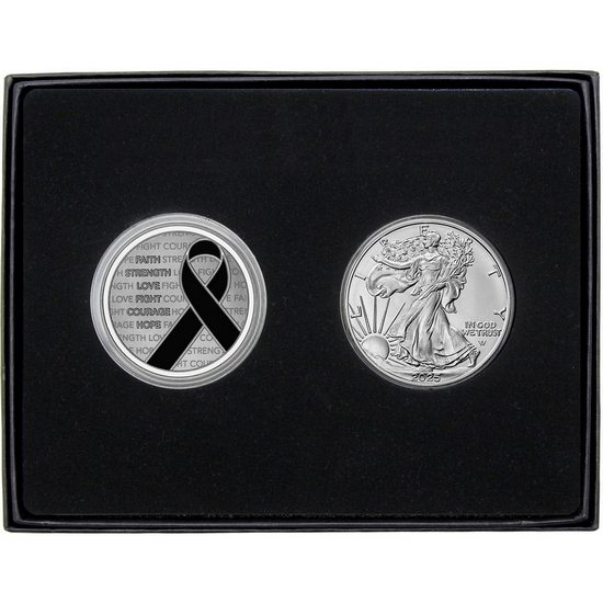 Black Awareness Ribbon Silver Medallion Enameled and Silver American Eagle 2pc Gift Set