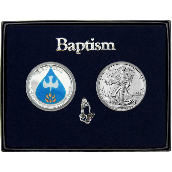 Baptism Enameled Silver Medallion and Silver American Eagle 2pc Gift Set