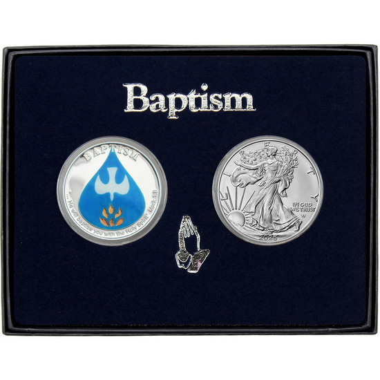 Baptism Enameled Silver Medallion and Silver American Eagle 2pc Gift Set