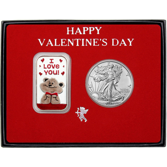 Valentine Enameled I Love You Bear Silver Bar and Silver American Eagle 2pc Gift Set