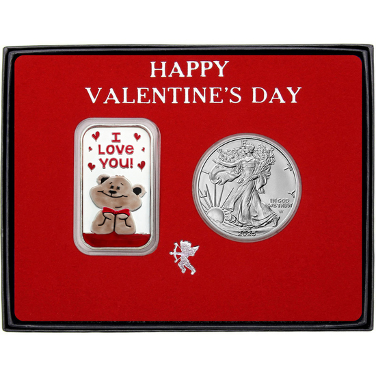 Valentine Enameled I Love You Bear Silver Bar and Silver American Eagle 2pc Gift Set