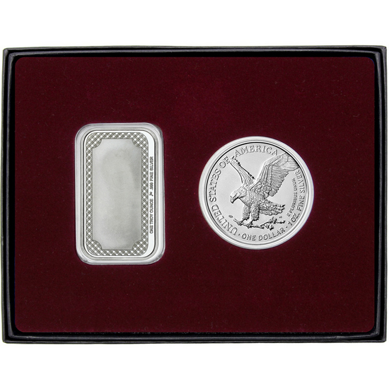 Happy Anniversary Enameled I Love You Bear Silver Bar and Silver American Eagle 2pc Gift Set