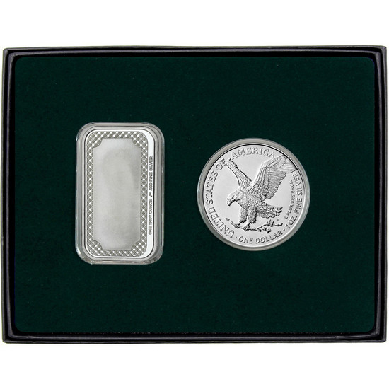 Happy Mother's Day Enameled Love Bear Silver Bar and Silver American Eagle 2pc Gift Set