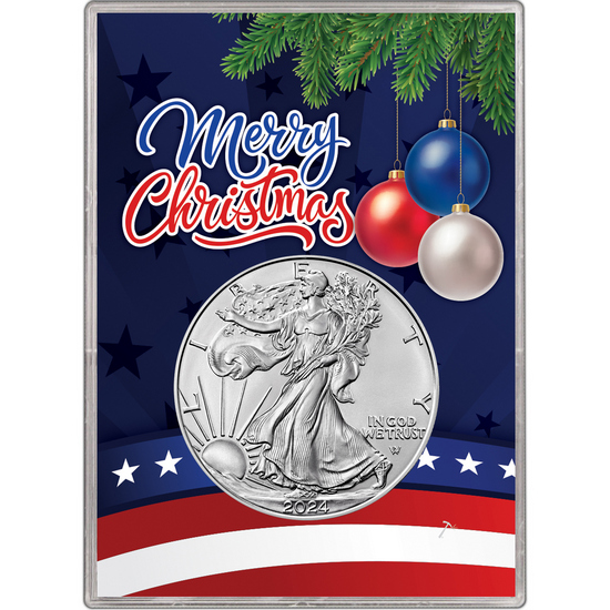 2023 Silver American Eagle BU in Patriotic Merry Christmas Gift Holder
