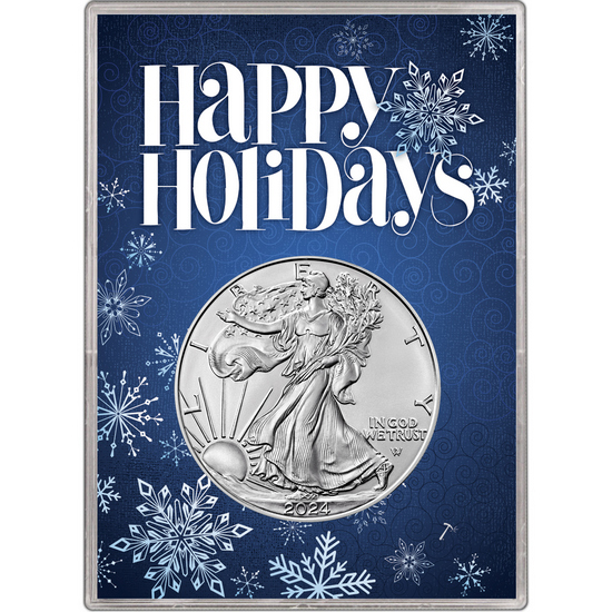 2023 Silver American Eagle BU in Blue Happy Holidays Gift Holder