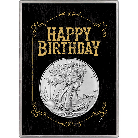 2023 Silver American Eagle BU in Black & Gold Happy Birthday Gift Holder