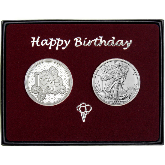 Birthday I Love You Silver Medallion and Silver American Eagle 2pc Gift Set