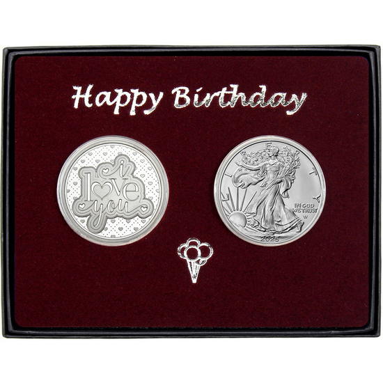 Birthday I Love You Silver Medallion and Silver American Eagle 2pc Gift Set