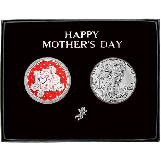Happy Mother's Day Enameled I Love You Silver Medallion and Silver American Eagle 2pc Gift Set