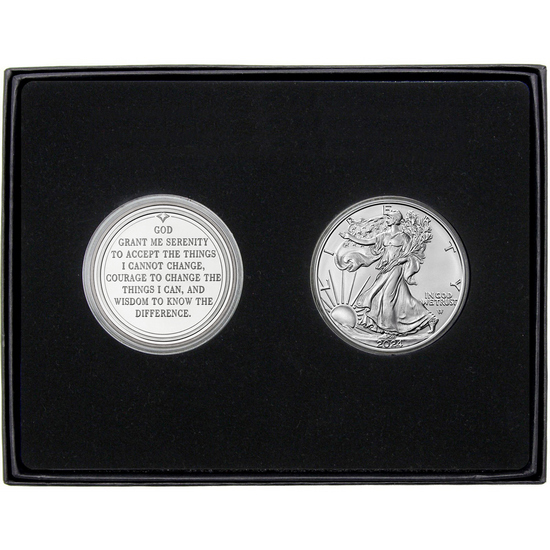 Serenity Prayer Silver Medallion and Silver American Eagle 2pc Gift Set