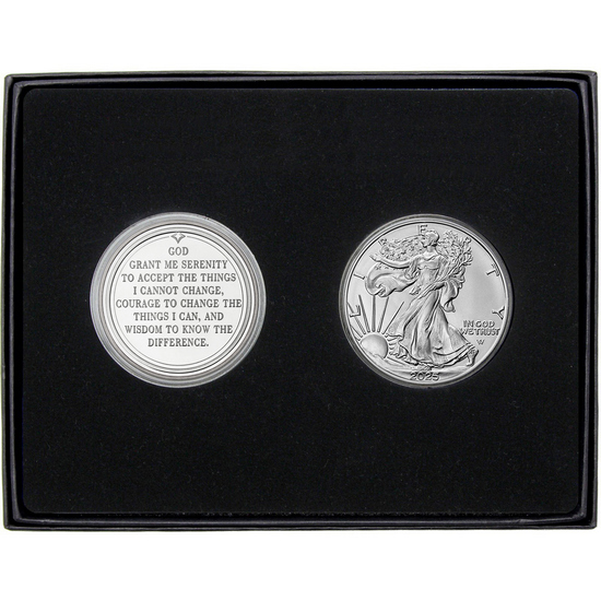 Serenity Prayer Silver Medallion and Silver American Eagle 2pc Gift Set