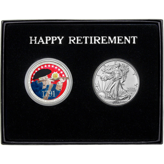 Happy Retirement Enameled 2nd Amendment Silver Medallion and Silver American Eagle 2pc Gift Set