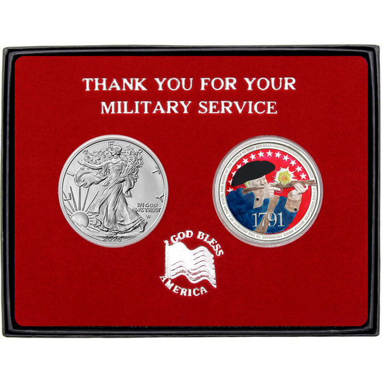 Military Service Enameled 2nd Amendment Silver Medallion and Silver American Eagle 2pc Gift Set