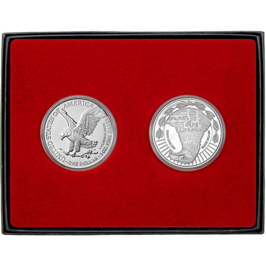 Military Service Enameled 2nd Amendment Silver Medallion and Silver American Eagle 2pc Gift Set Military Service Enameled 2nd Amendment Silver Medallion and Silver American Eagle 2pc Gift Set