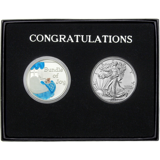 Congratulations Bundle of Joy Enameled Blue Silver Medallion and Silver American Eagle 2pc Gift Set