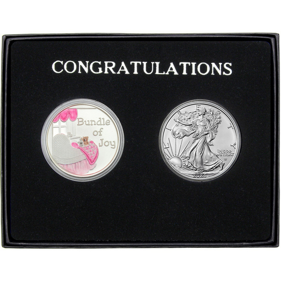 Congratulations Bundle of Joy Enameled Pink Silver Medallion and Silver American Eagle 2pc Gift Set