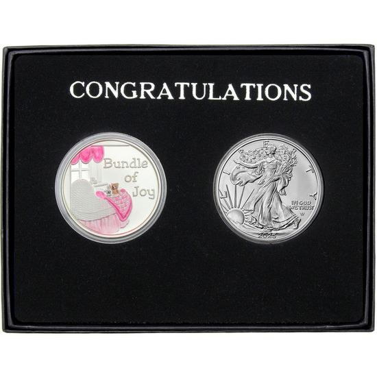 Congratulations Bundle of Joy Enameled Pink Silver Medallion and Silver American Eagle 2pc Gift Set