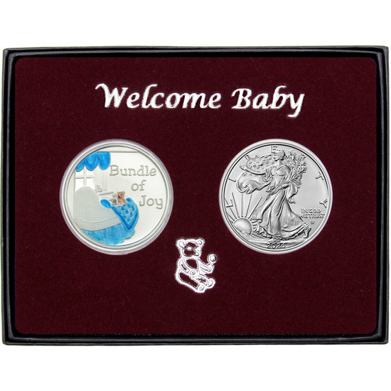 Welcome Baby Bundle of Joy Enameled Blue Silver Medallion and Silver American Eagle 2pc Gift Set