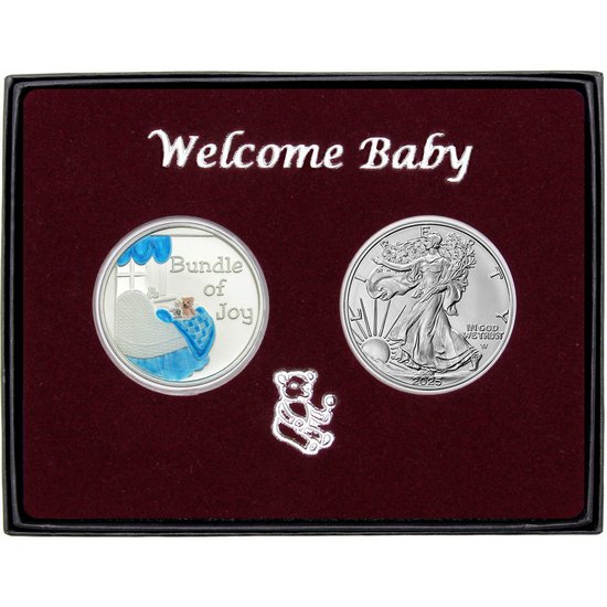 Welcome Baby Bundle of Joy Enameled Blue Silver Medallion and Silver American Eagle 2pc Gift Set