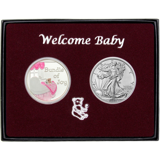 Welcome Baby Bundle of Joy Enameled Pink Silver Medallion and Silver American Eagle 2pc Gift Set