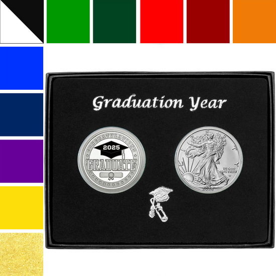 Graduation Year 2024 Custom Enameled Graduate Silver Medallion and Silver American Eagle 2pc Gift Set