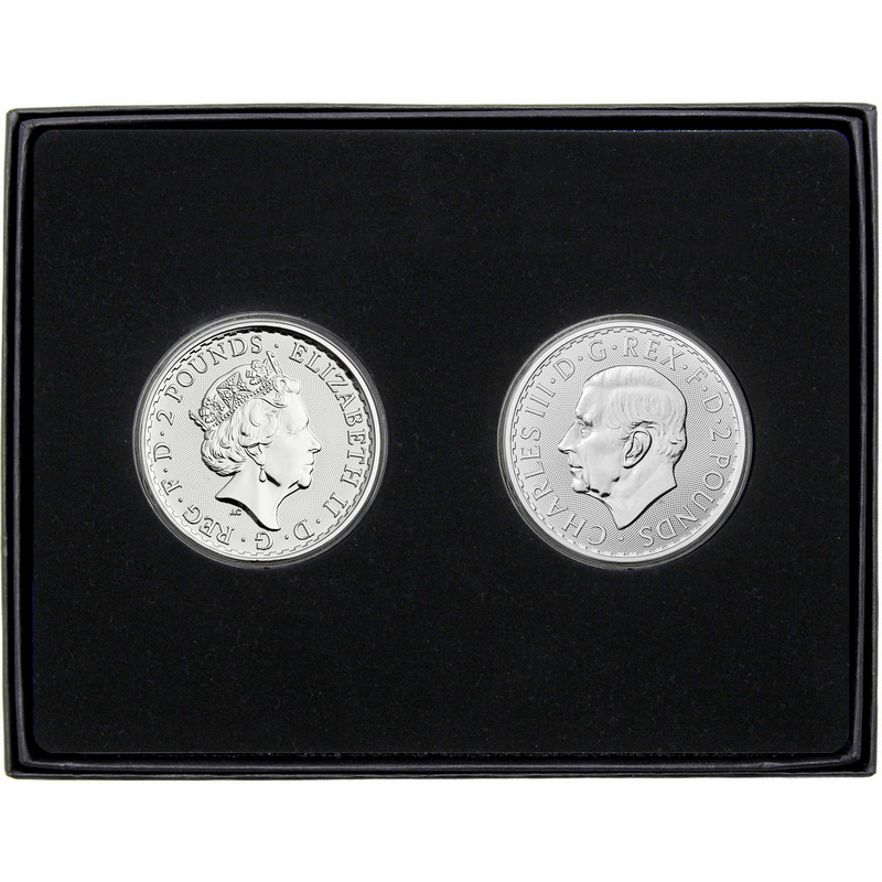 2023 Great Britain Silver Britannia Queen Elizabeth and King Charles Effigy BUs 2pc Gift Set