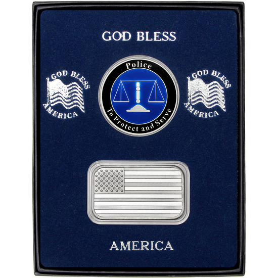 American Flag Silver Bar and Enameled Police Medallion 2pc Gift Set