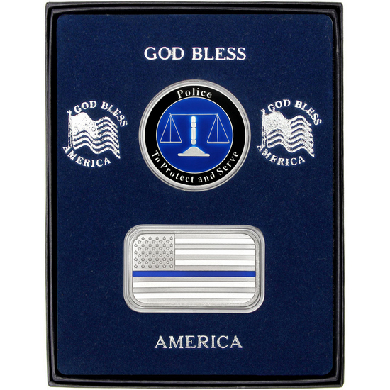 Enameled Blue Line American Flag Silver Bar and Enameled Police Silver Medallion 2pc Gift Set
