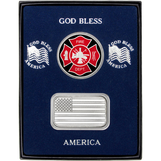 American Flag Silver Bar and Enameled Fire Department Silver Medallion 2pc Gift Set