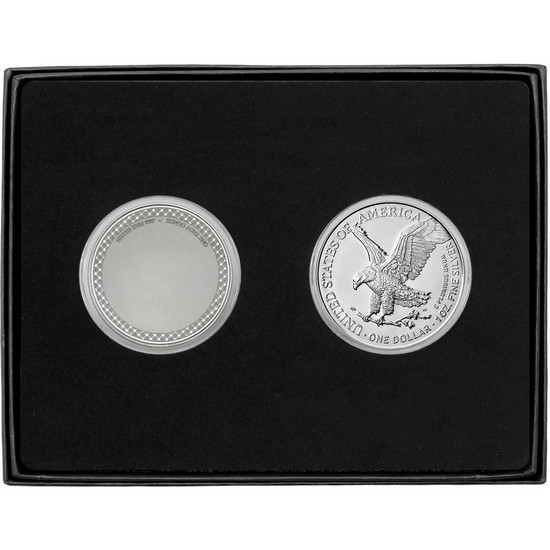 Happy Retirement Enameled Fire Department Silver Medallion and Silver American Eagle 2pc Gift Set