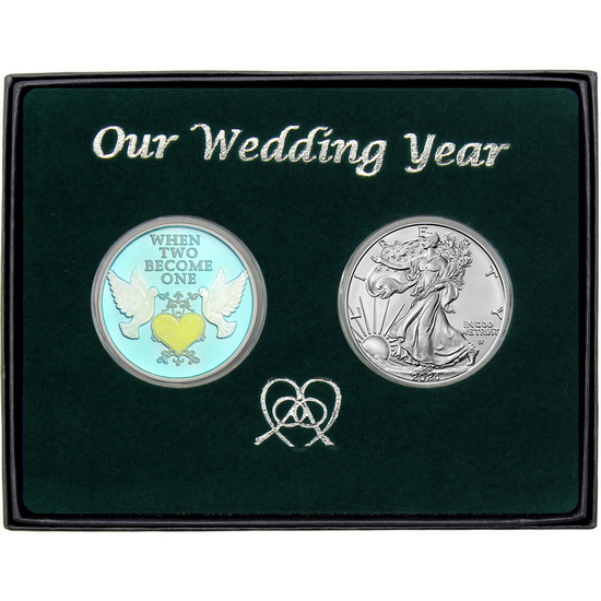 Our Wedding Year Silver Doves Enameled Medallion and Silver American Eagle 2pc Gift Set