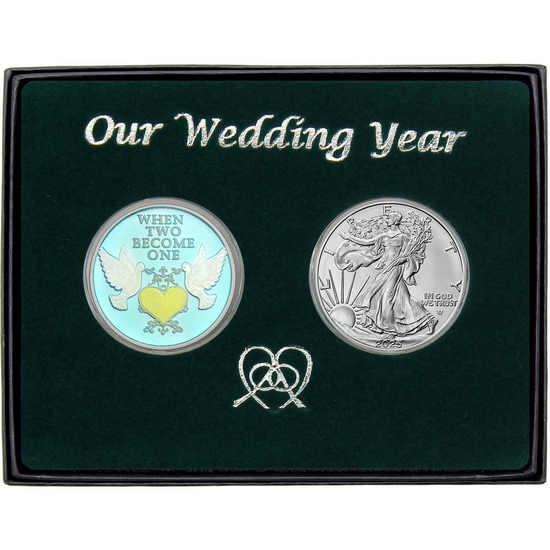 Our Wedding Year Silver Doves Enameled Medallion and Silver American Eagle 2pc Gift Set