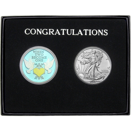Congratulations Wedding Doves Silver Enameled Medallion and Silver American Eagle 2pc Gift Set