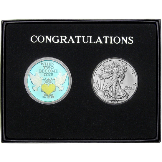 Congratulations Wedding Doves Silver Enameled Medallion and Silver American Eagle 2pc Gift Set