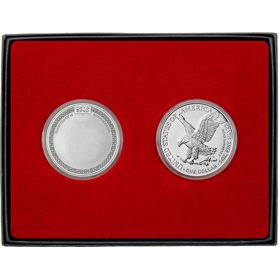 First Communion Enameled Silver Medallion and Silver American Eagle 2pc Gift Set