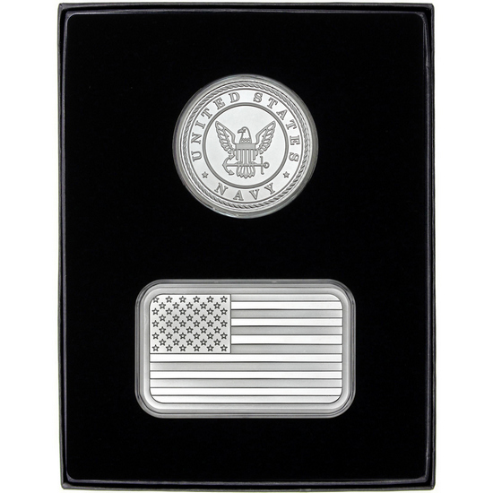 American Flag 5oz Silver Bar and US Navy Silver Medallion 2pc Gift Set