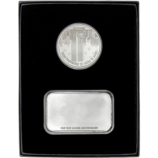 9/11 Tribute Silver Medallion and 5oz American Flag Silver Bar 2pc Gift Set