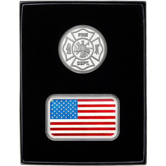 Enameled American Flag 5oz Silver Bar and Fire Department Silver Medallion 2pc Gift Set