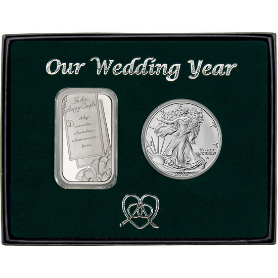 Our Wedding Year Silver Bar and Silver American Eagle 2pc Gift Set