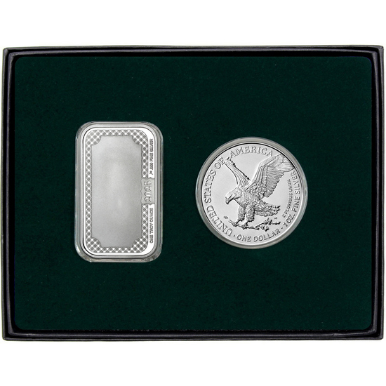 Our Wedding Year Silver Bar and Silver American Eagle 2pc Gift Set