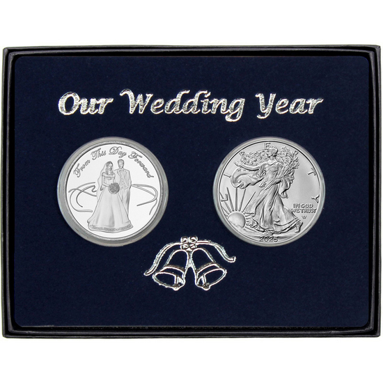 Our Wedding Year Silver Couple Medallion and Silver American Eagle 2pc Gift Set