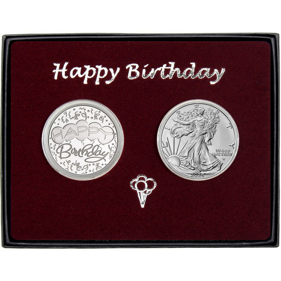 Happy Birthday Silver Medallion and Silver American Eagle 2pc Gift Set