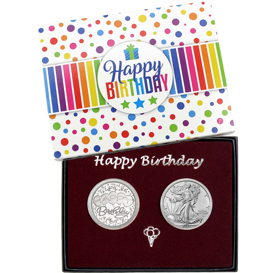Happy Birthday Silver Round and Silver American Eagle 2pc Gift Set
