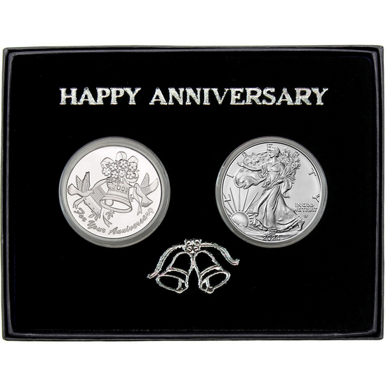 Happy Anniversary Silver Round and Silver American Eagle 2pc Gift Set