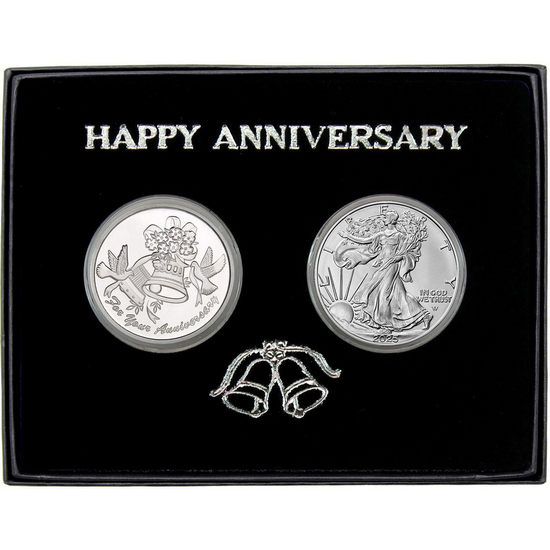 Happy Anniversary Silver Round and Silver American Eagle 2pc Gift Set