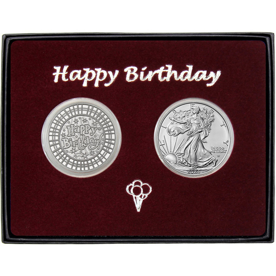 Happy Birthday Stripes Silver Medallion and Silver American Eagle 2pc Gift Set