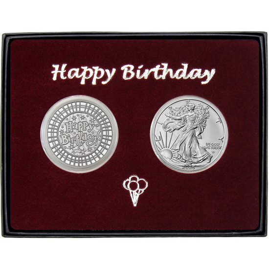 Happy Birthday Stripes Silver Medallion and Silver American Eagle 2pc Gift Set