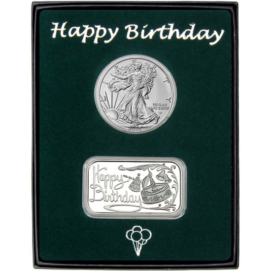 Happy Birthday Silver Bar and Silver American Eagle 2pc Gift Set