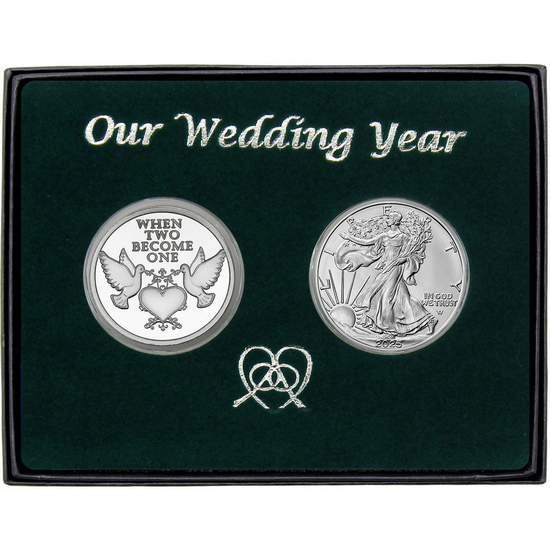 Our Wedding Year Silver Doves Medallion and Silver American Eagle 2pc Gift Set