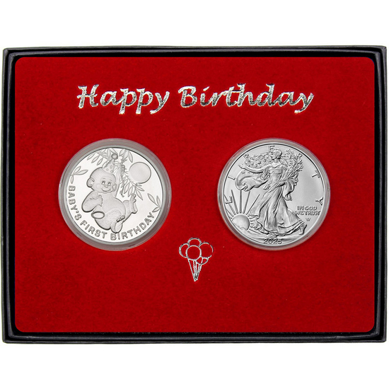 Baby's First Birthday Birthday Silver Medallion and Silver American Eagle 2pc Gift Set